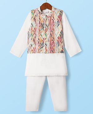 Babyhug Cotton Woven Full Sleeves Kurta Pajama Set With Printed Jacket - White