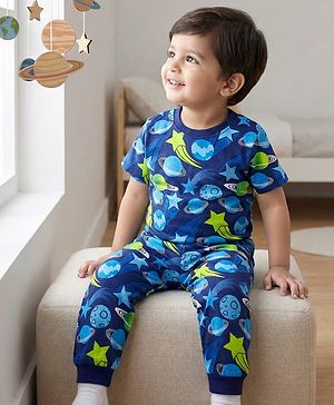 Babyhug Cotton Knit Half Sleeves Co-ords Night Suit with Space Theme Print - Navy Blue