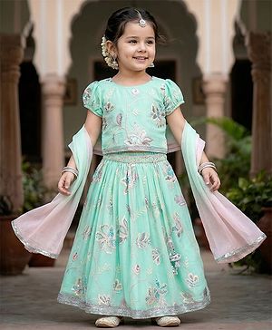 Babyhug Woven Half Sleeves Lehenga Choli & Dupatta Set With Floral Embroidery - Aqua