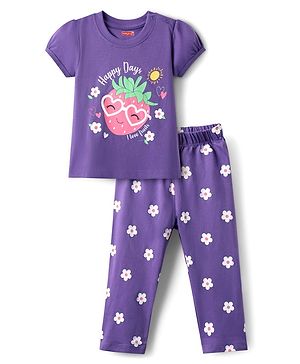 Babyhug Cotton Knit Full Length Night Suit With Floral & Text Print - Violet