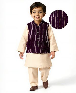Babyhug Woven Mandarin Collar Full Sleeves Kurta Pajama Set with Sequin Embroidered Jacket - Purple