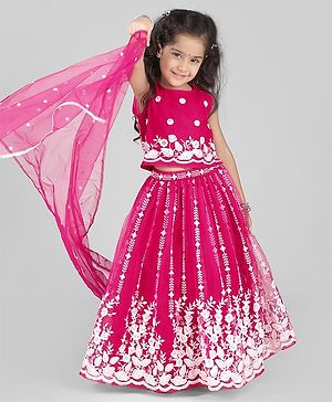 Babyhug Woven Sleeveless Floral Embroidered Choli Lehenga With Dupatta Set - Pink