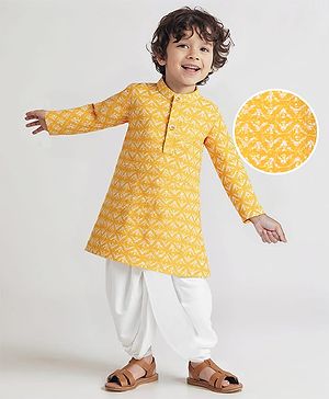 Babyhug Woven Mandarin Collar Full Sleeves Kurta Dhoti Set With Abstract Print - Yellow