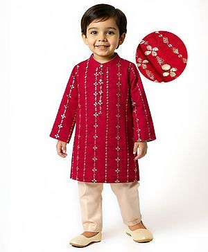 Babyhug Woven Full Sleeves Kurta Pajama Set With Floral & Sequin Embroidered - Red