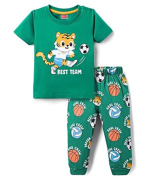 Babyhug Cotton Knit Half Sleeves Night Suit With Tiger Print - Green