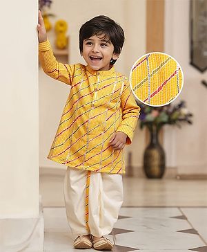 Babyhug Woven Mandarin Collar Full Sleeves Kurta Dhoti Set With Textured Print - Yellow