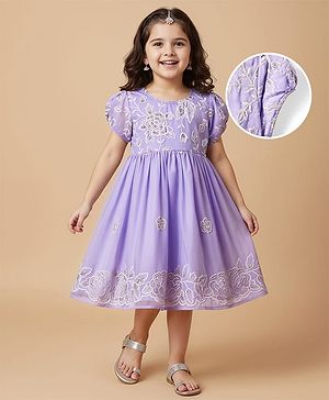 Babyhug Woven Full Length Half Sleeves Ethnic Dress With Floral Embriodery - Lavender