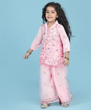 Babyhug Woven Three Fourth Sleeves Indo Western Set With Floral Embroidery & Sequin Detailing - Pink