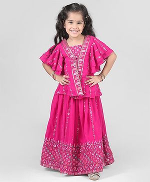 Babyhug Woven Half Sleeves Georgett Embroidered Choli Lehenga With Shrug Set - Fuschia