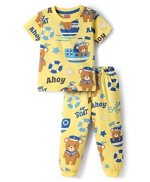 Babyhug Cotton Knit Half Sleeves Co-Ord Night Suit With Teddy Bear Print - Yellow