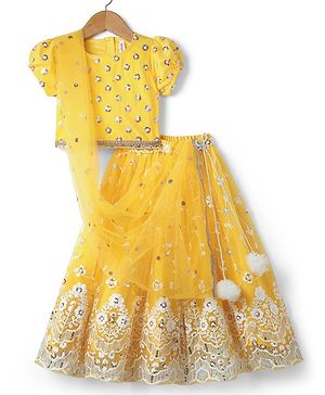 Babyhug Woven Half Puffed Sleeves Choli Lehenga Set with Dupatta Floral Embroidery & Sequin Detailing - Yellow