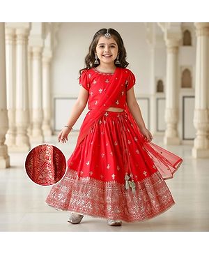 Babyhug Woven Half Puffed Sleeves Choli Lehenga Set with Dupatta & Floral Foil Print - Red