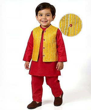 Babyhug Woven Mandarin Collar Full Sleeves Kurta Pajama Set With Sequin Detailing Jacket - Red