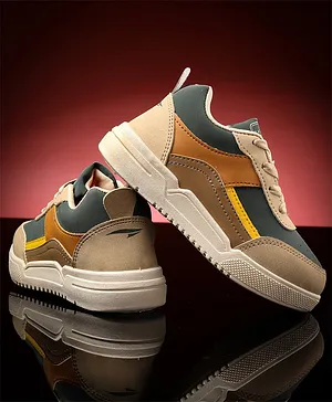 asian Colour Blocked With Lace Up Sneakers -
                      Beige & Green