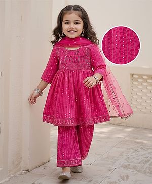 Babyhug Woven Full Sleeves Kurti Palazzo & Dupatta Set With Sequin Embriodery - Pink