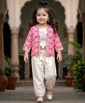 Babyhug Woven Full Sleeves Indo Western Set With Jacket & Floral Print - Pink & White