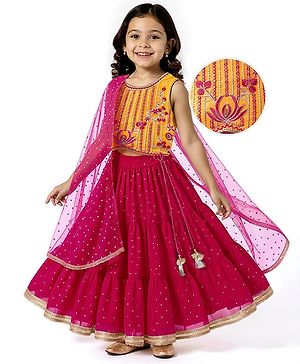 Babyhug Woven Sleeveless Lehenga Choli & Dupatta Set With Floral Embroidery - Fuschia & Yellow