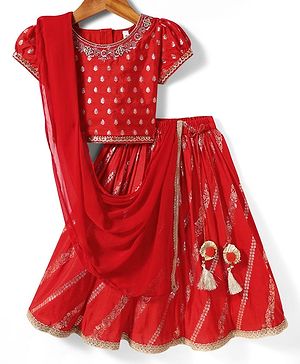 Babyhug Woven Half Sleeves Lehenga Choli & Dupatta Set With Floral Embroidery - Red