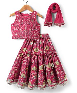 Babyhug Cotton Knit Sleeveless Choli with Lehenga and Dupatta Set with Cambric Print & Foral Embroidery - Dark Pink