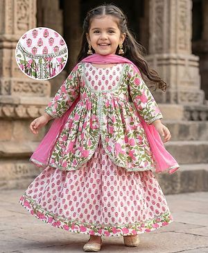 Babyhug Cotton Three Fourth Sleeves Kurti Lehenga Set with Dupatta & Floral Cambric Print - White