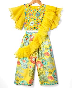 Babyhug Woven Flutter Sleeves Indo Western Set With Floral Print & Dupatta - Yellow