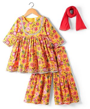 Babyhug Woven Three Forth Sleeves Floral Cambric Printed Kurti & Gharara Set With Dupatta - Yellow