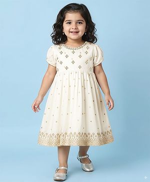 Babyhug Woven Half Sleeves Ethnic Dress With Floral Embriodery - White