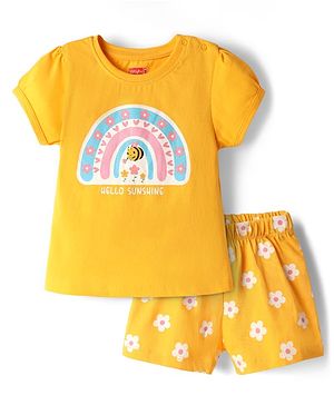 Babyhug Cotton Knit Half Sleeves Shorts Night Suit With Floral Print - Yellow