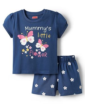 Babyhug Cotton Knit  Half Sleeves Shorts Night Suit with Butterfly Print - Blue