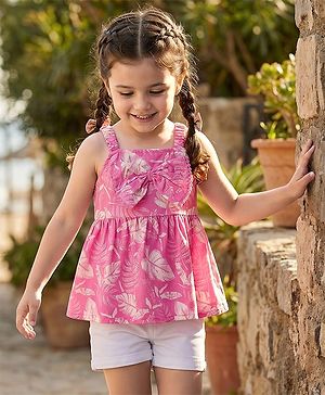 Babyhug Woven Sleeveless Top and Shorts with Tropical Print - Pink