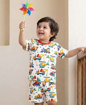 Babyhug Cotton Knit Half Sleeves Co-ords Shorts Night Suit With Vehicle Print - White