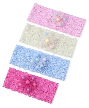 Babyhug Free Size Headbands with Floral Applique Sequin Embellished Pack of 4 - Pink Fuschia & Blue