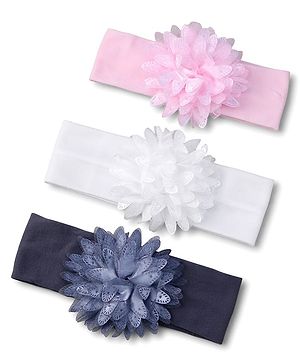 Babyhug Free Size Headbands with Flower Applique Pack of 3 - Light Pink White and Grey
