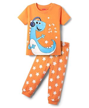 Babyhug Cotton Knit Half Sleeves Night Suit With Dino & Star Print - Orange
