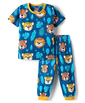Babyhug Cotton Knit Half Sleeves Co-Ord Night Suit With Animal Print - Blue