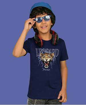NUSYL Cotton Blend Half Sleeves Leopard Printed Tee - Navy Blue