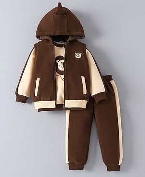 Mark & Mia Cotton Winter Wear Animal Embroidered T-Shirt & Lounge Pant Set With Hooded Jacket - Brown