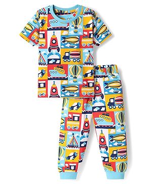 Babyhug Cotton Knit Half Sleeves Co-Ord Night Suit With Vehicle Print - Multicolor