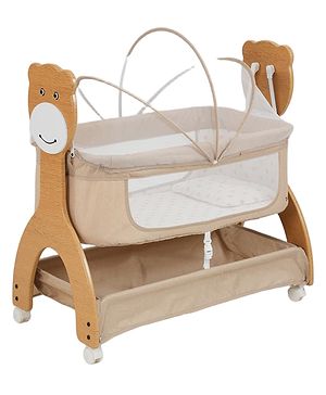 Babyhug Wooden Cradle with Mosquito Net| Swing Lock & Wheels| Safe & Durable Baby Cot with Storage| Smooth Rocking| Spacious Sleeping Area| Bassinet - Beige