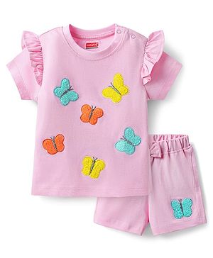 Babyhug Single Jersey Knit Half Sleeves Top & Shorts Set With Butterfly Embriodery - Pink