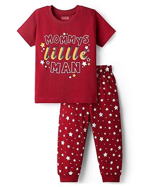 Babyhug Cotton Knit Half Sleeves Night Suit With Star Print - Red