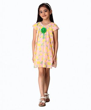 Creative Kids Cap Sleeves Lemon Printed & Floral Applique Detailed Dress - Pink