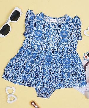 Creative Kids Rayon Flutter Sleeves Abstract Printed Frock Style Onesie - Blue & White