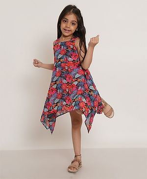 Creative Kids Sleeveless Floral Printed Dress - Red & Blue