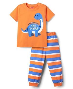 Babyhug Cotton Knit Half Sleeves Night Suit With Stripes & Dino Print - Orange