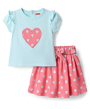 Babyhug Single Jersey Knit Half Sleeves Top & Skirt Set With Belt and Heart Print - Pink