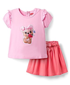 Babyhug Single Jersey Knit Half Sleeves Top & Skirt Set with Belt & Bear Print - Pink