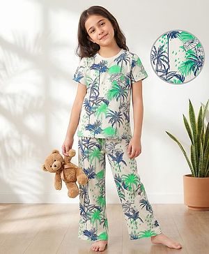 Pine Kids Single Jersey Knit Half Sleeves Co-ords Capri Night Suit With Tropical Theme Print - Off White