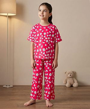 Pine Kids Single Jersey Knit Half Sleeves Capri Night Suit With Floral Print - Red
