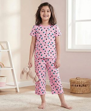 Pine Kids Single Jersey Knit Half Sleeves Capri Night Suit With Polka Dot Print - Pink